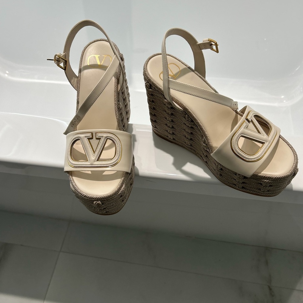 Valentino Garavani Beige Logo Wedge Sandals